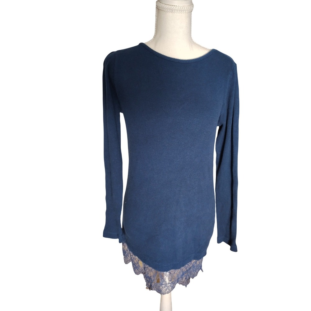Soft Surroundings Blue Waffle Knit Thermal Lace Hem Top XS 2AM34